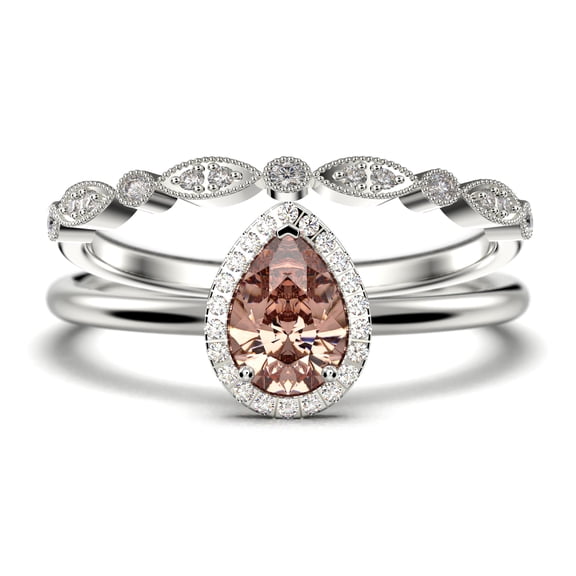 Beautiful Art Deco 1.75 Carat Pear Cut Affordable Morganite And Diamond Moissanite Engagement Ring, Classic Wedding Ring, One Matching Band in 925 Sterling Silver With 18k White Gold Plating