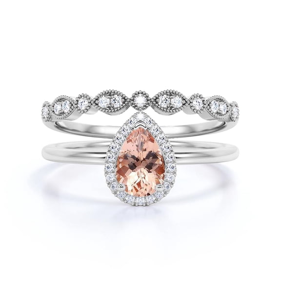 Beautiful Art Deco 1.75 Carat Pear Cut Affordable Morganite And Diamond Moissanite Engagement Ring, Classic Wedding Ring, One Matching Band in 925 Sterling Silver With 18k White Gold Plating