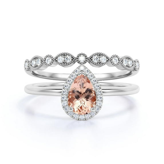Beautiful Art Deco 1.75 Carat Pear Cut Affordable Morganite And Diamond Moissanite Engagement Ring, Classic Wedding Ring, One Matching Band in 925 Sterling Silver With 18k White Gold Plating