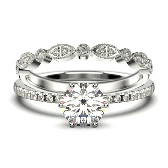 Beautiful Art Deco 1.75 Carat Round Cut Diamond Moissanite Engagement Ring, Wedding Ring, One Matching Band in 10k Solid White Gold, Gift For Her Gift For Girlfriend Promise Ring