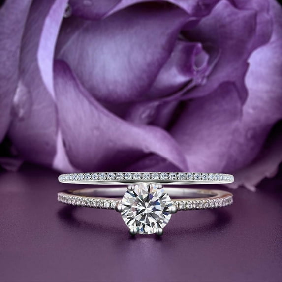 Beautiful Art Deco 1.75 Carat Round Cut Diamond Moissanite Engagement Ring, Wedding Ring, One Matching Band In 925 Sterling Silver With 18K White Gold Plating Gift For Her, Girlfriend Promise Ring