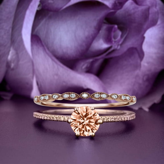 Beautiful Art Deco 1.75 Carat Round Cut Morganite And Diamond Moissanite Engagement Ring, Wedding Ring, One Matching Band in 925 Sterling Silver With 18k Rose Gold Plating Gift For Her, Promise Ring