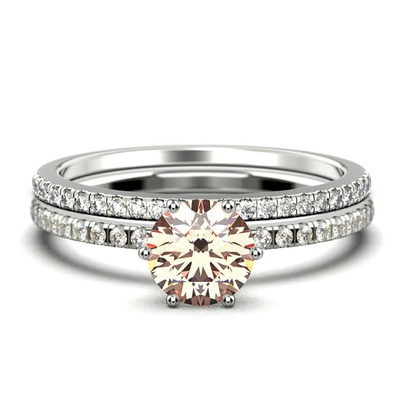 Beautiful Art Deco 1.75 Carat Round Cut Morganite And Diamond Moissanite Engagement Ring, Wedding Ring, One Matching Band in 925 Sterling Silver With 18k White Gold Plating Gift For Her