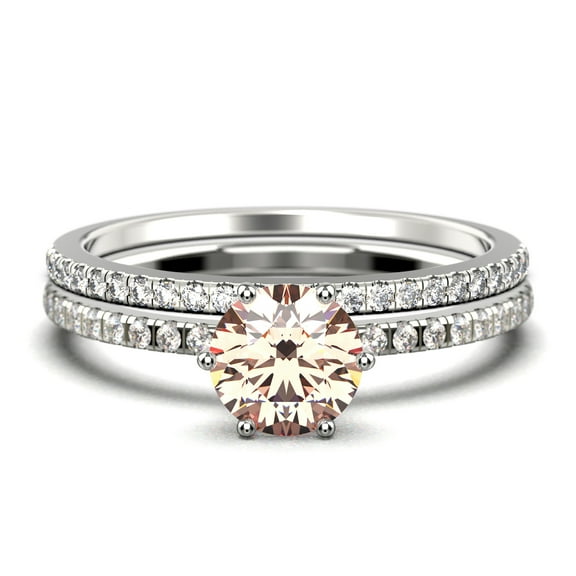 Beautiful Art Deco 1.75 Carat Round Cut Morganite And Diamond Moissanite Engagement Ring, Wedding Ring, One Matching Band in 925 Sterling Silver With 18k White Gold Plating Gift For Her
