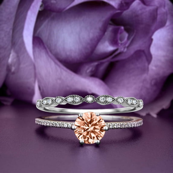 Beautiful Art Deco 1.75 Carat Round Cut Morganite And Diamond Moissanite Engagement Ring, Wedding Ring, One Matching Band In 10K Solid White Gold, Gift For Her Gift For Girlfriend Promise Ring