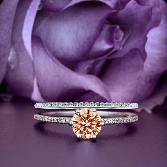 Beautiful Art Deco 1.75 Carat Round Cut Morganite And Diamond Moissanite Engagement Ring, Wedding Ring, One Matching Band In 10K Solid White Gold, Gift For Her Gift For Girlfriend Promise Ring