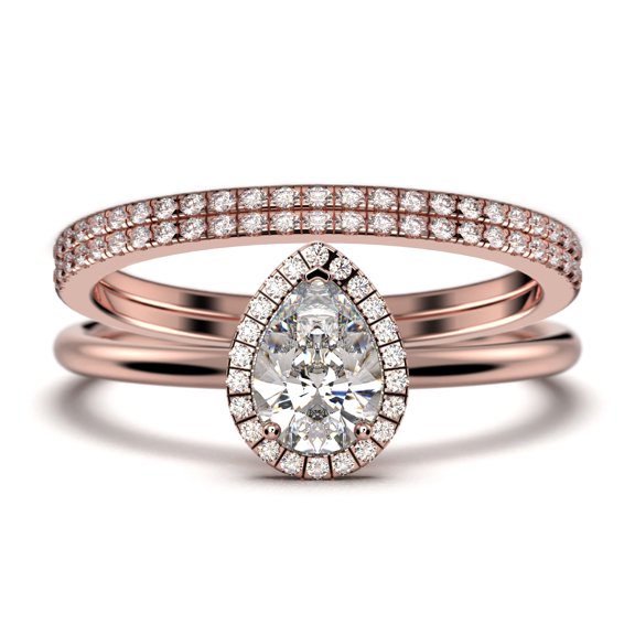 Beautiful Art Deco 2.25 Carat Pear Cut Affordable Diamond Moissanite Engagement Ring, Classic Wedding Ring, Two Matching Band in 10k Solid Rose Gold,Promise Ring, Anniversery Ring