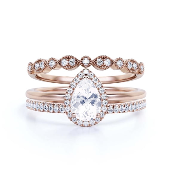 Beautiful Art Deco 2.25 Carat Pear Cut Affordable Diamond Moissanite Engagement Ring, Classic Wedding Ring, Two Matching Band in 10k Solid Rose Gold,Promise Ring, Anniversery Ring, Trio Set