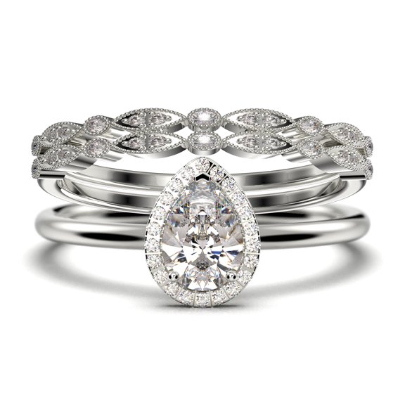 Beautiful Art Deco 2.25 Carat Pear Cut Affordable Diamond Moissanite Engagement Ring, Classic Wedding Ring, Two Matching Band in 10k Solid White Gold,Promise Ring, Anniversery Ring