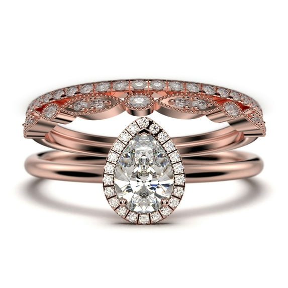 Beautiful Art Deco 2.25 Carat Pear Cut Affordable Diamond Moissanite Engagement Ring, Classic Wedding Ring, Two Matching Band in 925 Sterling Silver With 18k Rose Gold Plating