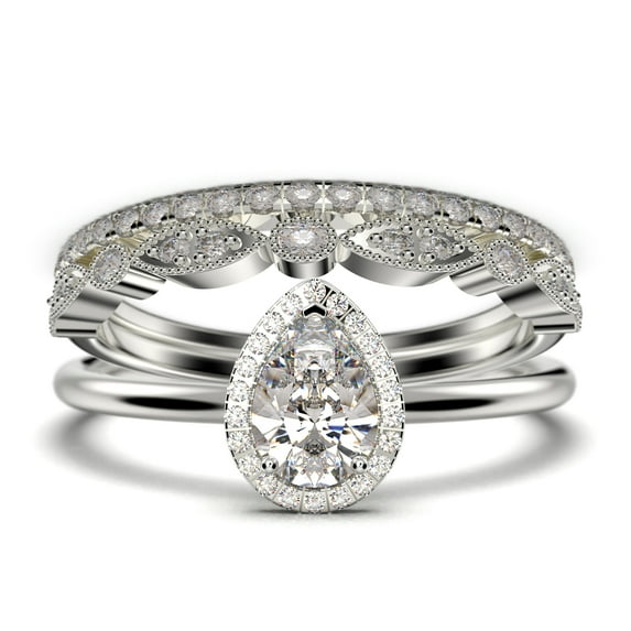 Beautiful Art Deco 2.25 Carat Pear Cut Affordable Diamond Moissanite Engagement Ring, Classic Wedding Ring, Two Matching Band in 925 Sterling Silver With 18k White Gold Plating