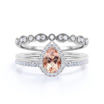 Beautiful Art Deco 2.25 Carat Pear Cut Affordable Morganite And Diamond Moissanite Engagement Ring, Classic Wedding Ring, Two Matching Band in 10k Solid White Gold,Promise Ring, Anniversery Ring