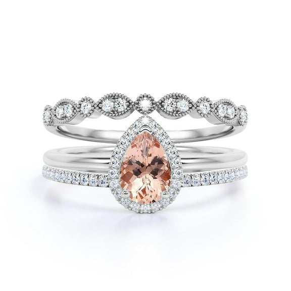 Beautiful Art Deco 2.25 Carat Pear Cut Affordable Morganite And Diamond Moissanite Engagement Ring, Classic Wedding Ring, Two Matching Band in 10k Solid White Gold,Promise Ring, Anniversery Ring