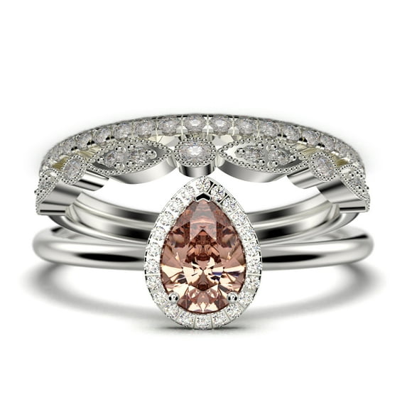 Beautiful Art Deco 2.25 Carat Pear Cut Affordable Morganite And Diamond Moissanite Engagement Ring, Classic Wedding Ring, Two Matching Band in 10k Solid White Gold,Promise Ring, Anniversery Ring
