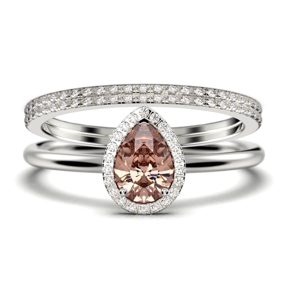 Beautiful Art Deco 2.25 Carat Pear Cut Affordable Morganite And Diamond Moissanite Engagement Ring, Classic Wedding Ring, Two Matching Band in 925 Sterling Silver With 18k White Gold Plating