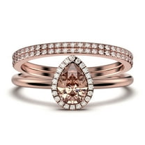 Beautiful Art Deco 2.25 Carat Pear Cut Affordable Morganite And Diamond Moissanite Engagement Ring, Classic Wedding Ring, Two Matching Band in 925 Sterling Silver With 18k Rose Gold Plating
