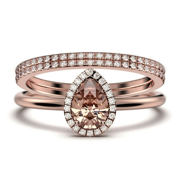 Beautiful Art Deco 2.25 Carat Pear Cut Affordable Morganite And Diamond Moissanite Engagement Ring, Classic Wedding Ring, Two Matching Band In 10K Solid Rose Gold,Promise Ring, Anniversery Ring