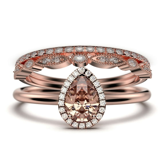Beautiful Art Deco 2.25 Carat Pear Cut Affordable Morganite And Diamond Moissanite Engagement Ring, Classic Wedding Ring, Two Matching Band In 925 Sterling Silver With 18K Rose Gold Plating