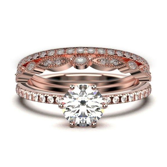 Beautiful Art Deco 2.25 Carat Round Cut Diamond Moissanite Engagement Ring, Wedding Ring, Two Matching Band in 10k Solid Rose Gold, Gift For Her Gift For Girlfriend Promise Ring
