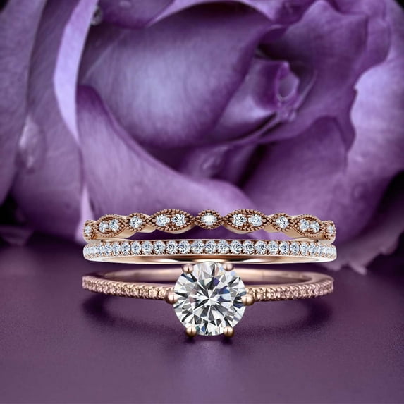 Beautiful Art Deco 2.25 Carat Round Cut Diamond Moissanite Engagement Ring, Wedding Ring, Two Matching Band in 925 Sterling Silver With 18k Rose Gold Plating Gift For Her, Girlfriend Promise Ring