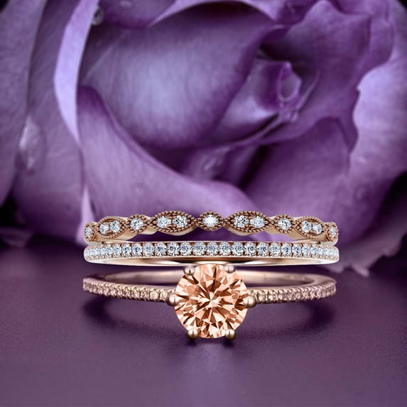 Beautiful Art Deco 2.25 Carat Round Cut Morganite And Diamond Moissanite Engagement Ring, Wedding Ring, Two Matching Band in 10k Solid Rose Gold, Gift For Her Gift For Girlfriend Promise Ring