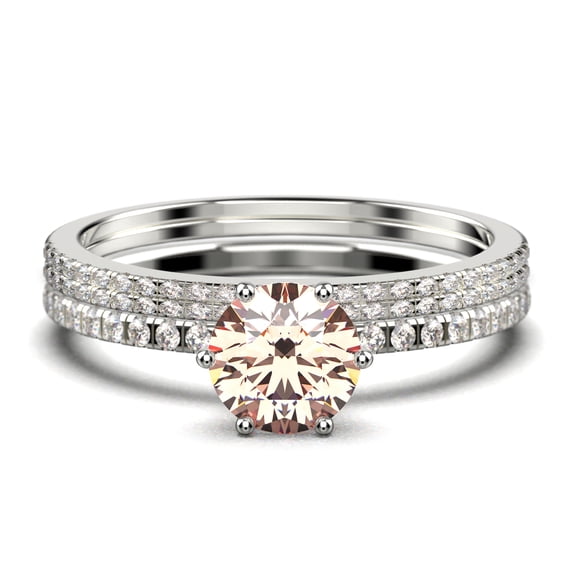 Beautiful Art Deco 2.25 Carat Round Cut Morganite And Diamond Moissanite Engagement Ring, Wedding Ring, Two Matching Band in 10k Solid White Gold, Gift For Her Gift For Girlfriend Promise Ring