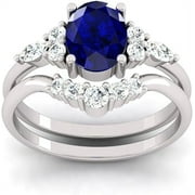 Beautiful Art Deco Natural Blue Sapphire Gemstone Wedding Ring Set For Women, 925 Sterling Silver 2 Pcs Ring Set For Birthday Present For Her