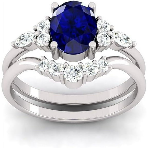 Beautiful Art Deco Natural Blue Sapphire Gemstone Wedding Ring Set For Women, 925 Sterling Silver 2 Pcs Ring Set For Birthday Present For Her