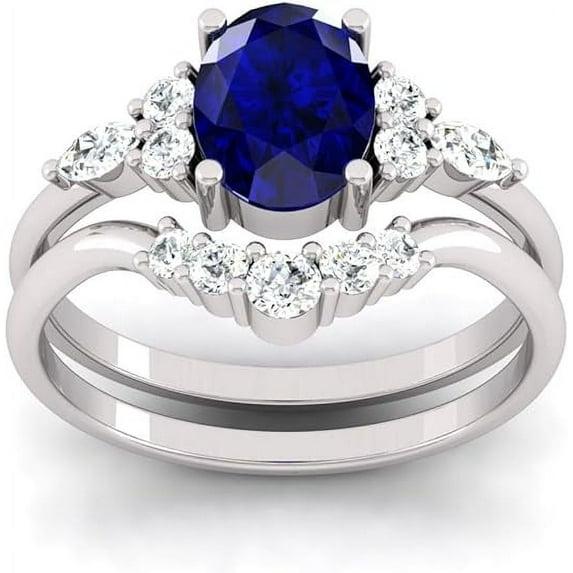 Beautiful Art Deco Natural Blue Sapphire Gemstone Wedding Ring Set For Women, 925 Sterling Silver 2 Pcs Ring Set For Birthday Present For Her