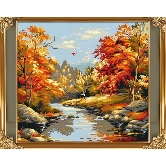 A Beautiful Autumn Landscape Tree River DIY 11CT Stamped Cross Stitch Kits for Beginners Easy Needlepoint Embroidery Counted Cross Stitch Art Craft for Wall Decoration 12x16inch(6)