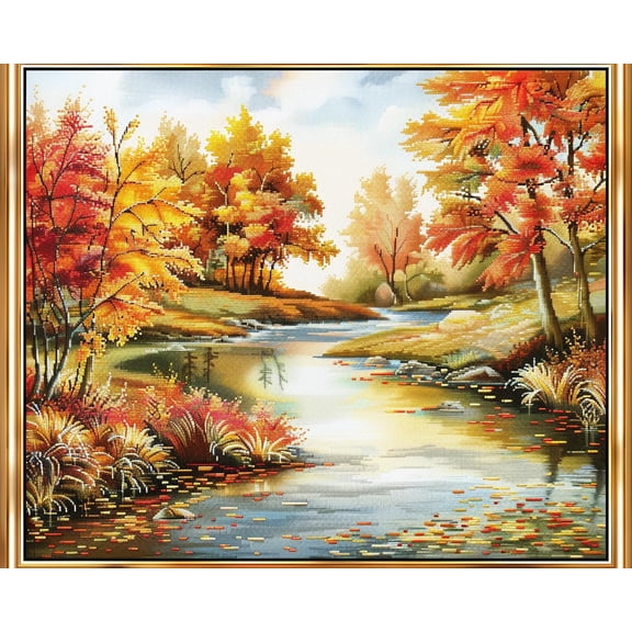 A Beautiful Autumn Landscape Tree River DIY 11CT Stamped Cross Stitch Kits for Beginners Easy Needlepoint Embroidery Counted Cross Stitch Art Craft for Wall Decoration 12x16inch(5)