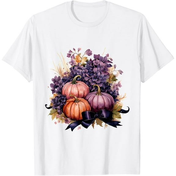 Beautiful Autumn Pumpkins Floral Bouquet With Purple Flowers T-Shirt