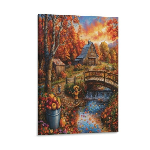 Beautiful Autumn Scene with Colorful Leaves, An Old Barn Canvas Wall Decor for Bedroom Welcome Halloween Thanksgiving Canvas Picture for Bathroom Bedroom Farmhouse Canvas Prints 8x12inch Framed