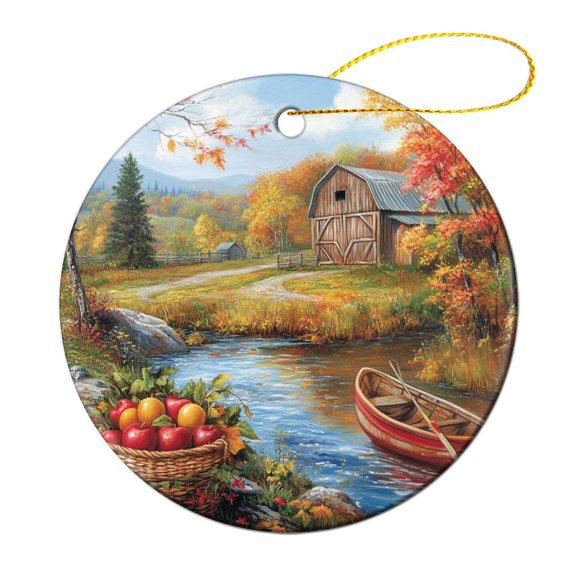 Beautiful Autumn Scene with Colorful Leaves, An Old Barn Ceramic Ornament Welcome Halloween Thanksgiving Christmas Tree Hangings Customized Ceramic Xmas Tree Decor