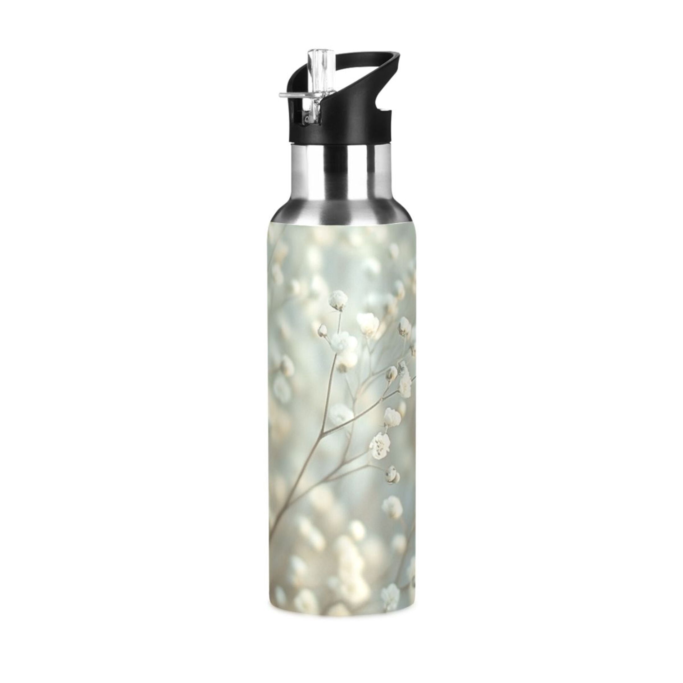 Beautiful Babysbreath Sports Bottle with Straw Stainless Steel Water Jug Portable Thermal Cup Leak-proof 600ML