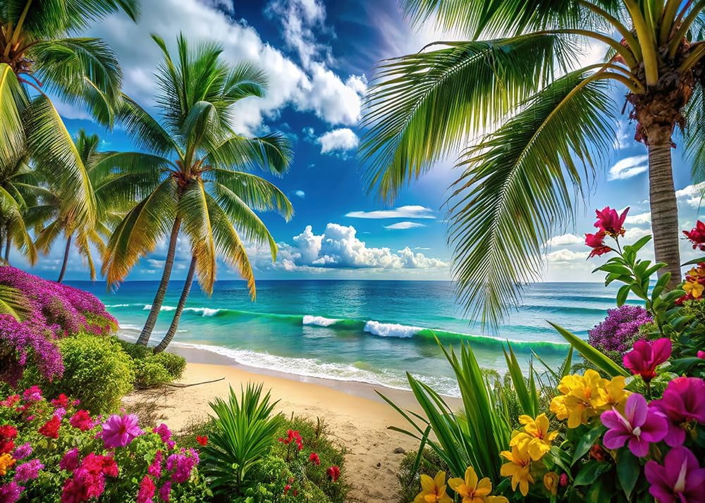 Summer Hawaiian Beach Backdrop Tropical Palm Flower Flamingo Photography Background Aloha Blue Sky Ocean Banner Luau Hawaiian Seaside Birthday Party - View #6