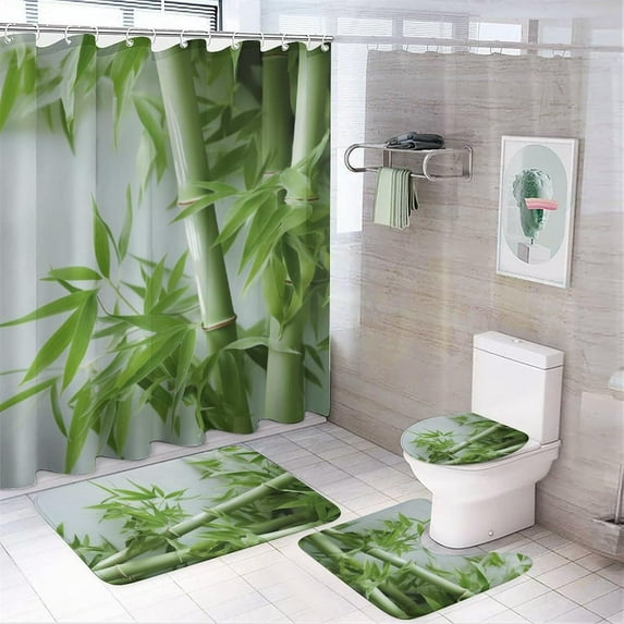 Beautiful Bamboo Shower Curtain Sets for Bathroom, 4Pcs Natural Green Tree Plants Bathroom Sets with Non Slip Rugs, Toilet Lid Cover, Bath Mat, Shower Curtain, Bathroom Decor