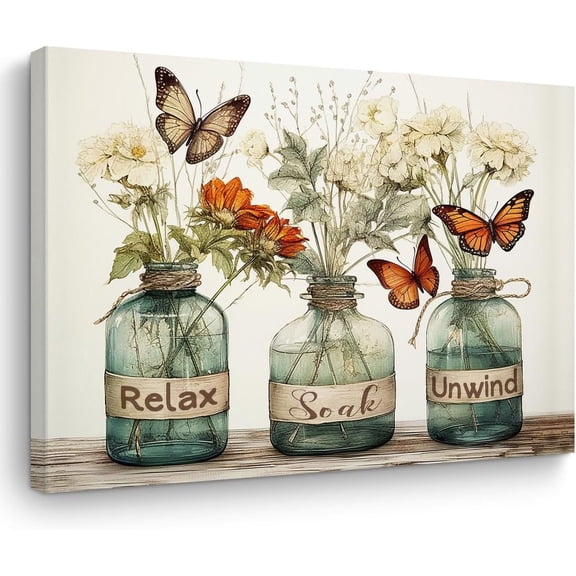 Beautiful Bathroom Decor Canvas Wall Art Wall Decor Butterfly Flowers Vase Funny Bathroom Signs Framed Poster Artwork Prints Pictures for Farmhouse Bathroom Office Bedroom Living Room 15" x 11.4"