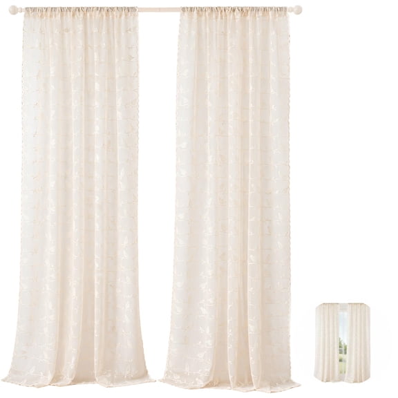 Beautiful Beige Sheer Curtains, Bird Embroidered Window Panels, Rod Pocket Design for Easy Hanging, Romantic Voile Drapes for Living Room, Balcony, Doorway, 55.1 x 78.7 in / 140 x 200 cm