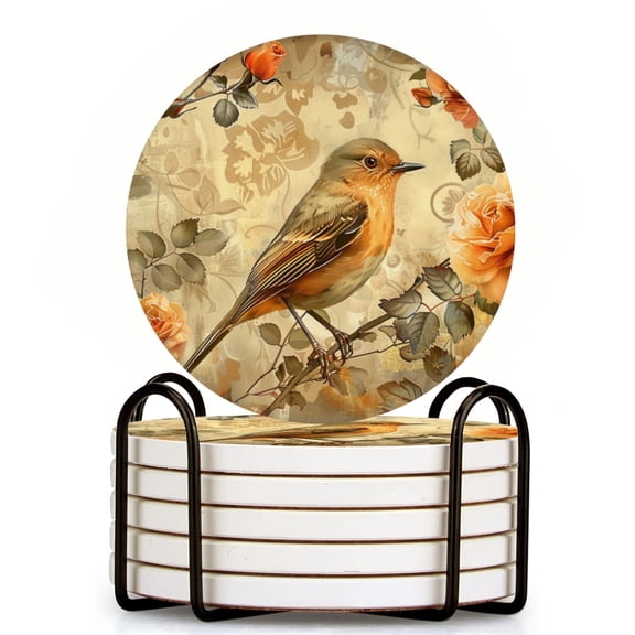 Beautiful Bird In The Center Of Roses Set of 6 Ceramic Coasters with Holder, Absorbent Drink Bar Coasters, Table Coasters for Living Room Decor Tabletop Protection