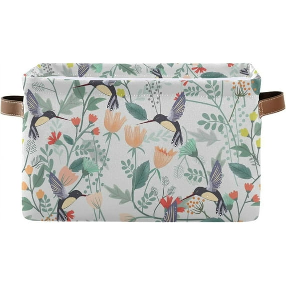 Beautiful Bird in Flower Forest Storage Basket, Durable Canvas Organizer With Handles Large Collapsible Storage Bins Boxes for Home Office - 1 Pack Home Decor