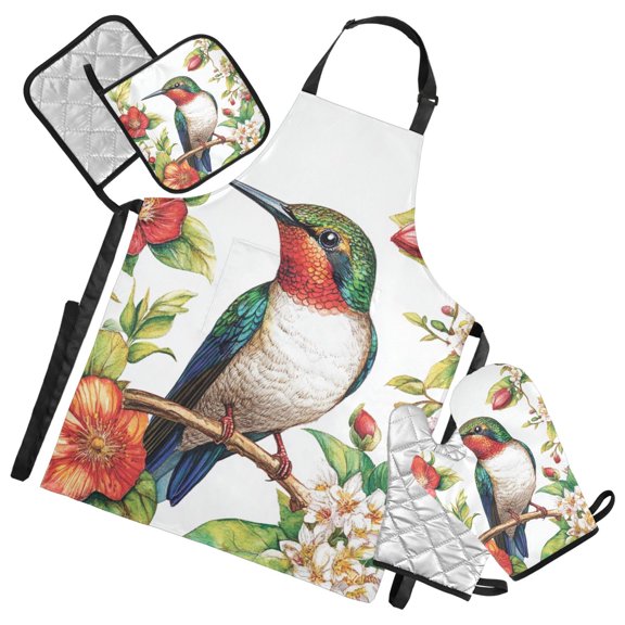 Beautiful Bird Perched on Branch Oven Mitts and Pot Holders with Chef Apron Set 5 Pcs Kitchen Cooking Set