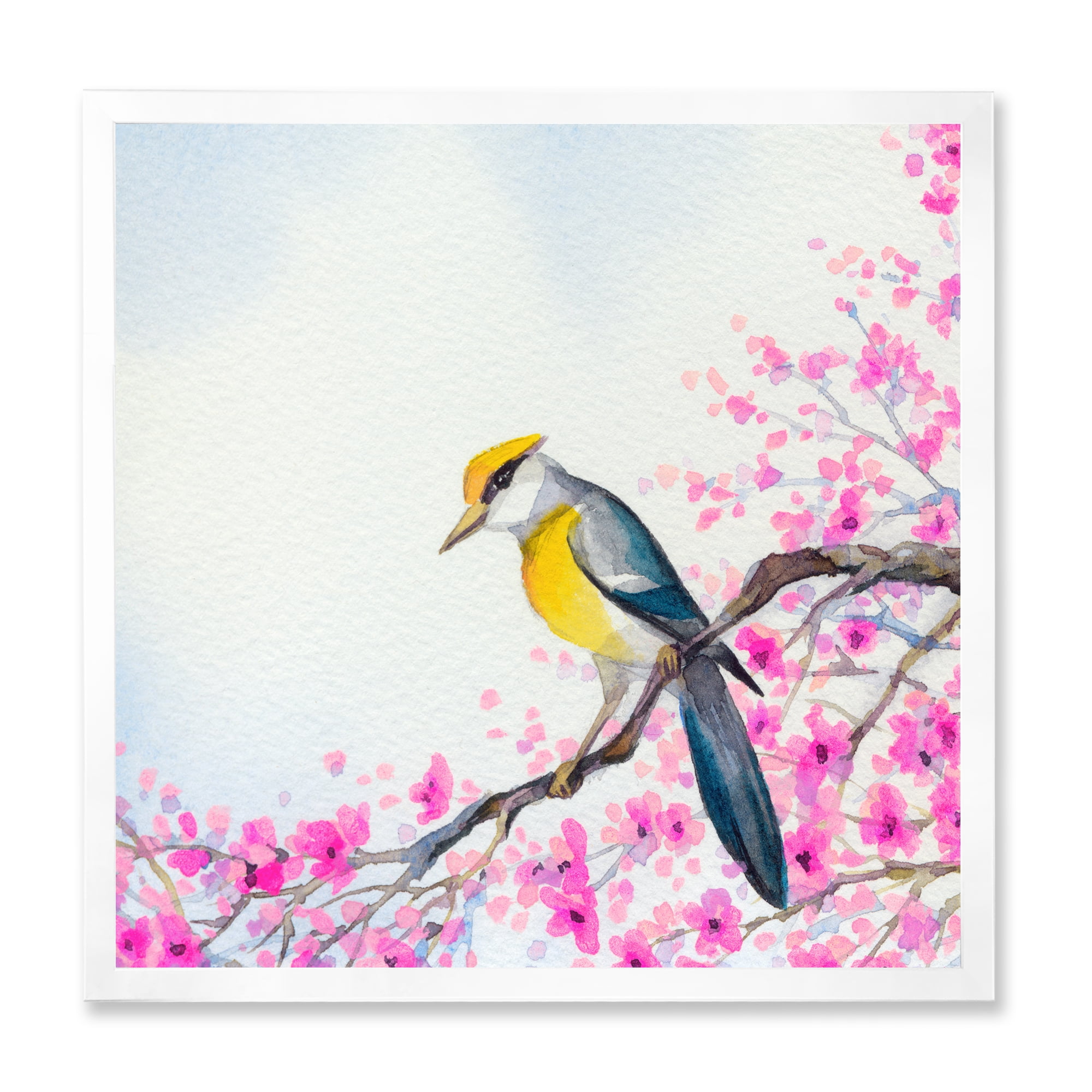 Beautiful Bird Sitting On Flowering Branch 16 in x 16 in Framed Painting Canvas Art Print, by Designart