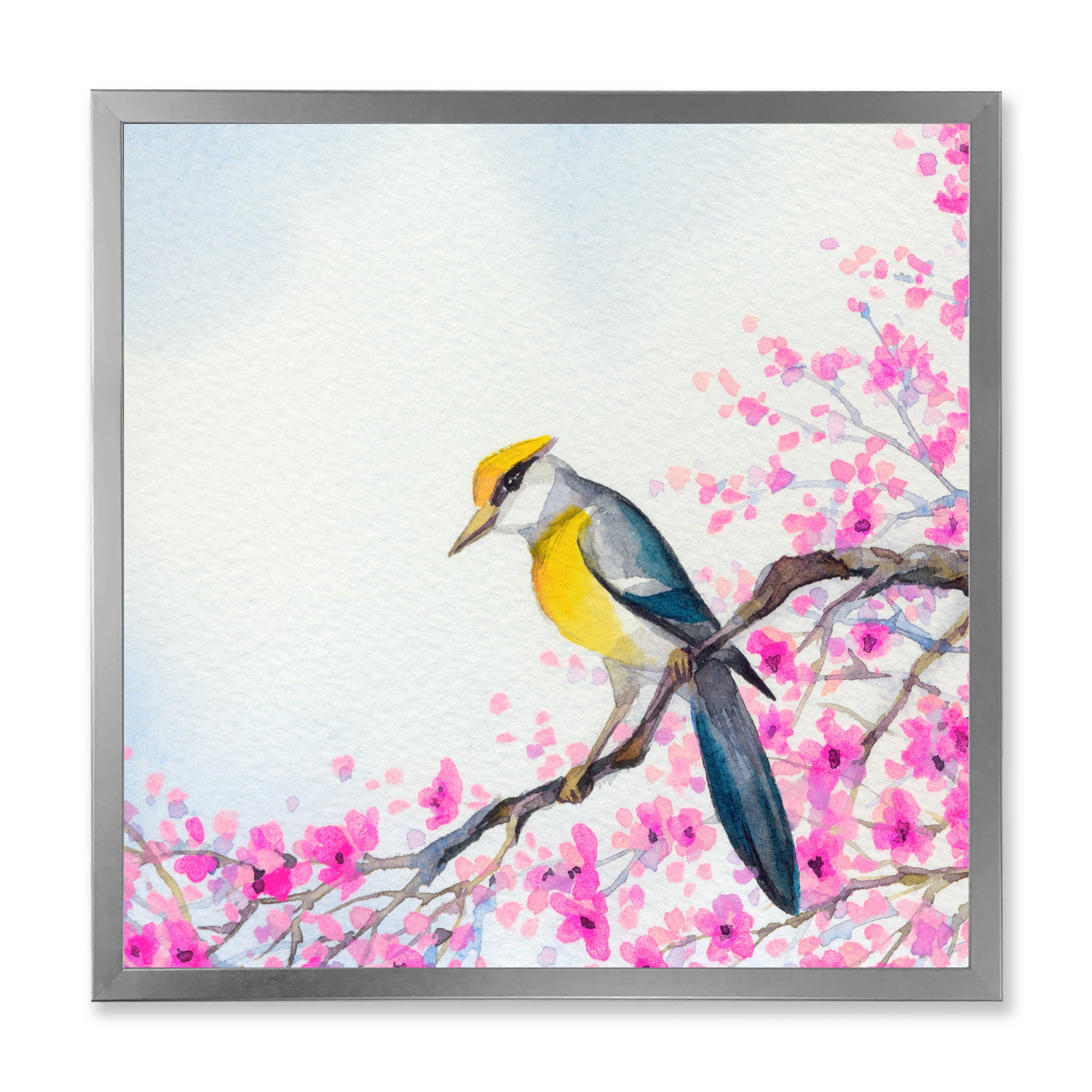 Beautiful Bird Sitting On Flowering Branch 16 in x 16 in Framed Painting Canvas Art Print, by Designart