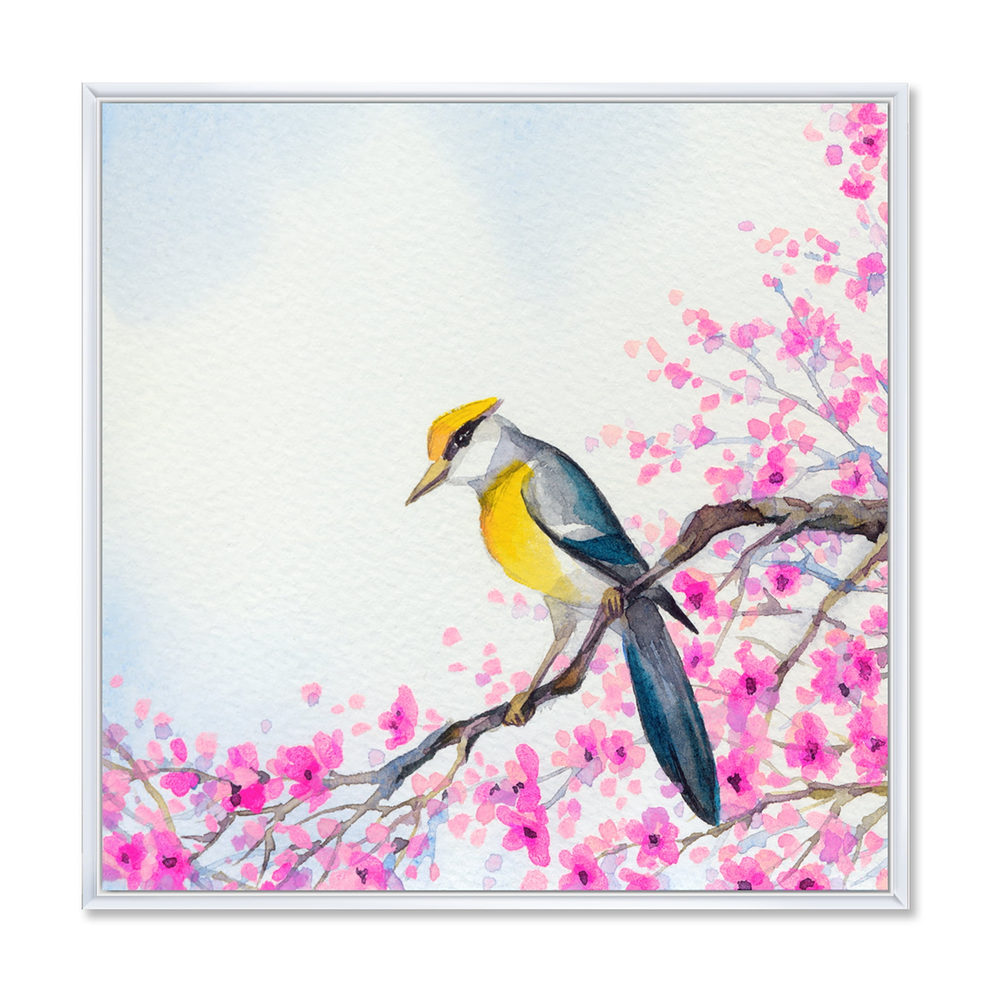 Beautiful Bird Sitting On Flowering Branch 30 in x 30 in Framed Painting Canvas Art Print, by Designart