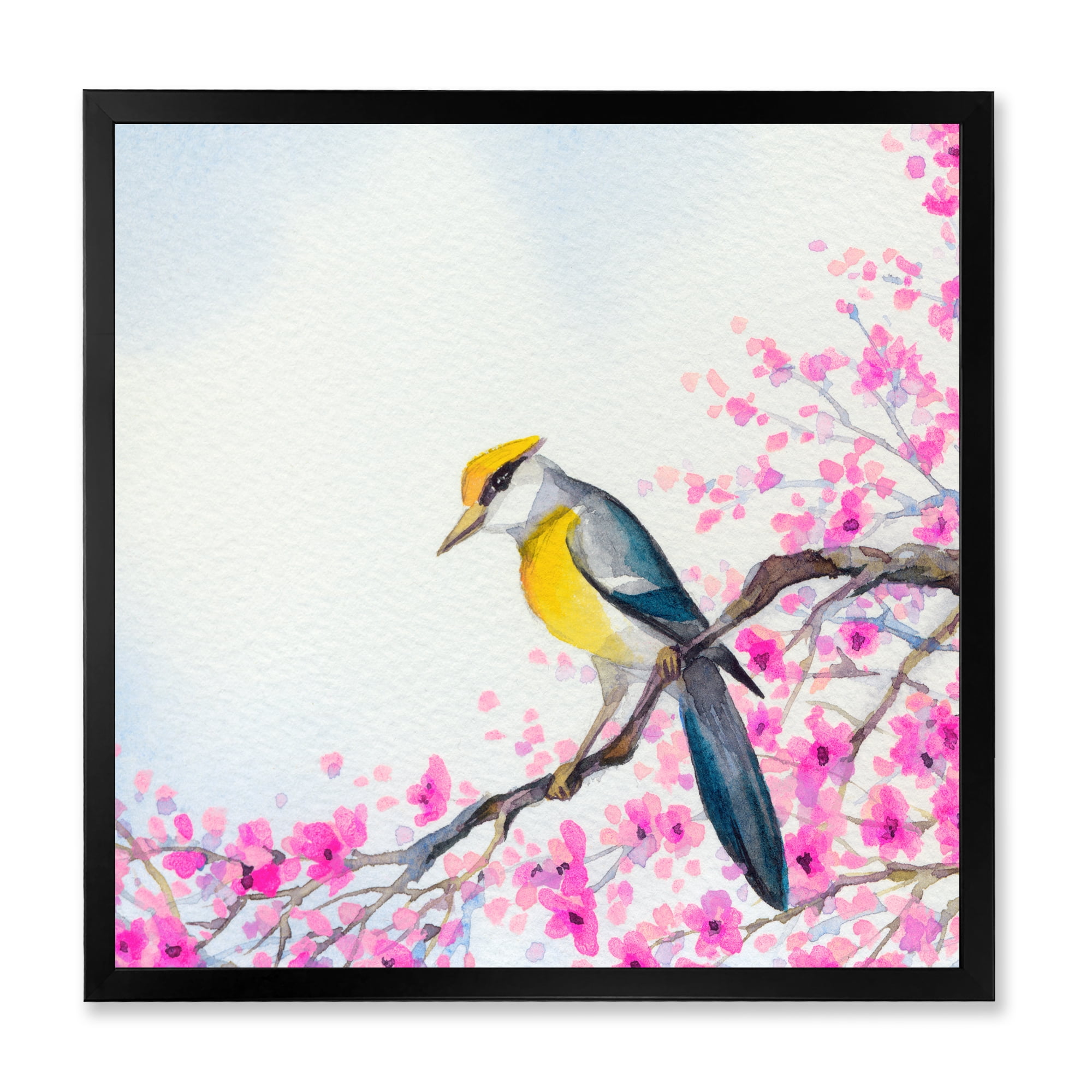 Beautiful Bird Sitting On Flowering Branch 36 in x 36 in Framed Painting Canvas Art Print, by Designart