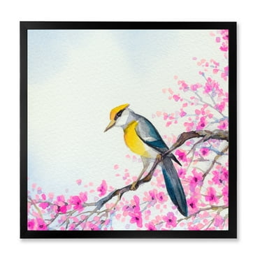 Beautiful Bird Sitting On Flowering Branch 36 in x 36 in Framed Painting Canvas Art Print, by Designart