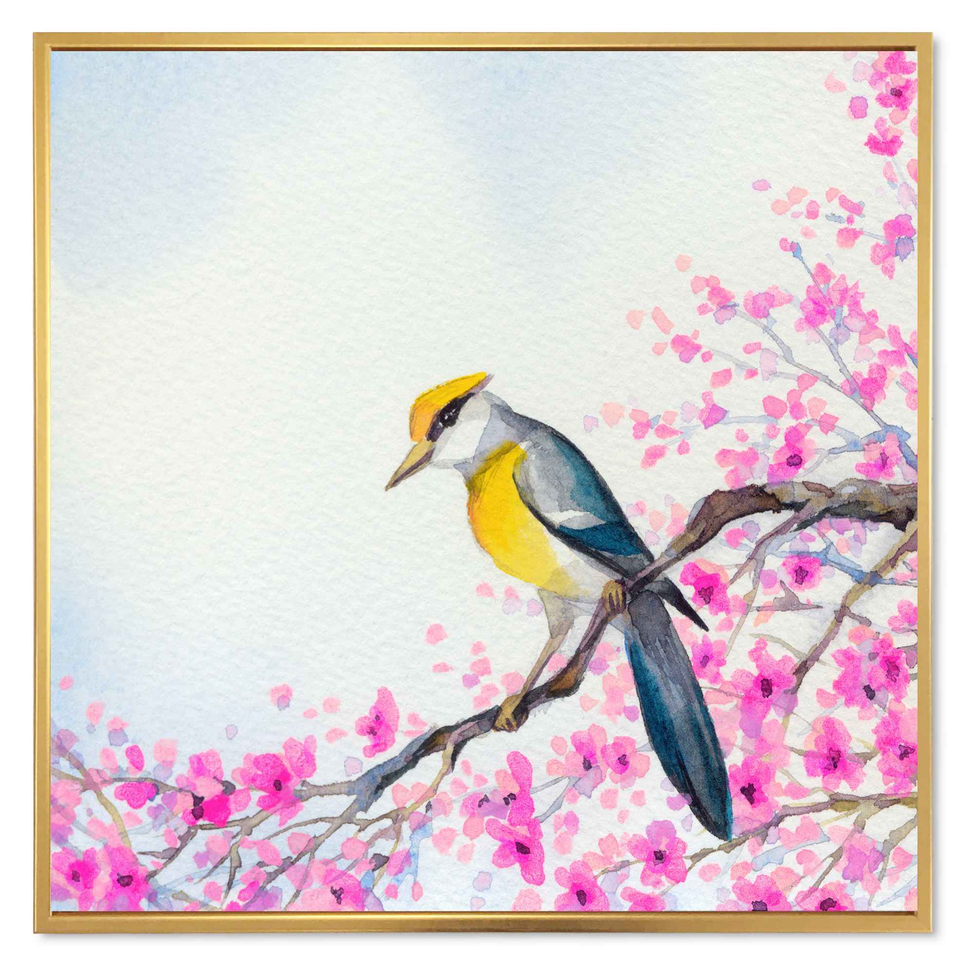 Beautiful Bird Sitting On Flowering Branch 36 in x 36 in Framed Painting Canvas Art Print, by Designart