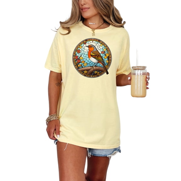 Beautiful Bird T-Shirt, Nature Inspired Graphic Tee, Unique Bird Art T-Shirt, Colorful Stained Glass Bird Print, Casual Wear T-Shirt, Butter Comfort Colors T-Shirt, XL