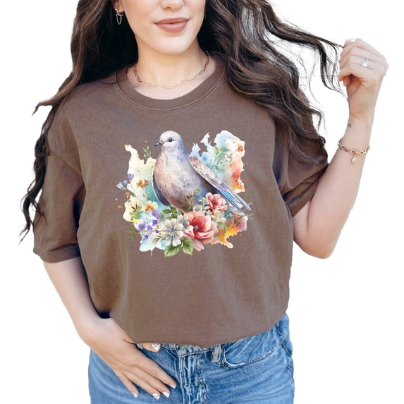 Beautiful Bird T-shirt, Unique Nature Graphic Tee, Artistic Bird and Flowers Design, Watercolor Style Tee, Nature Lover Gift, Espresso Comfort Colors T-Shirt, Large